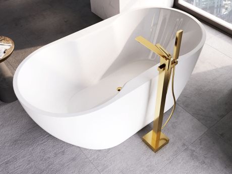 Przejdź do produktu Wanna wolnostojąca akrylowa 160x80 cm ze złotą maskownicą syfonu i przelewem Besco Navia #WAS-160-NZL biały połysk