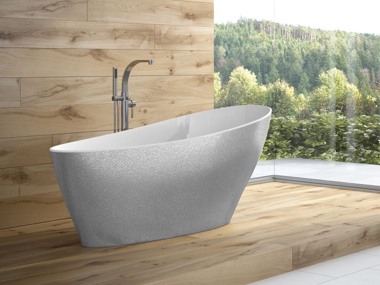 Srebrna wanna wolnostojąca 165x70 cm z klik-klakiem chrom Besco Keya Glam #WMD-165-KS