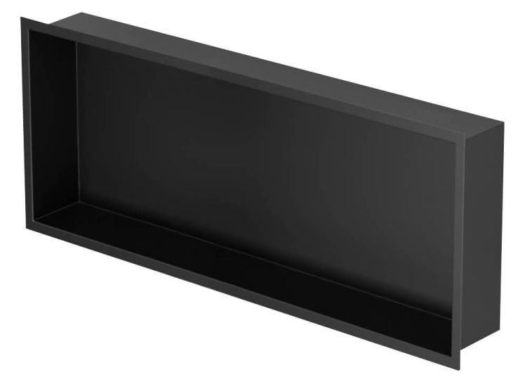 Półka łazienkowa wnękowa do zabudowy 92,5x32,5x15 cm ze stali nierdzewnej lakierowanej na czarno i szybą w tylnej części MCJ F.PWN LBL 900/15WH