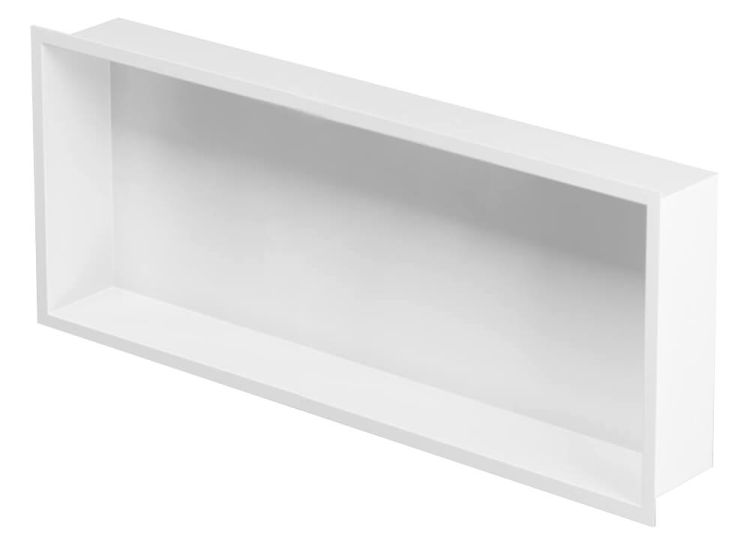 Półka łazienkowa wnękowa do zabudowy 92,5x32,5x15 cm ze stali nierdzewnej lakierowanej na biało i szybą w tylnej części MCJ F.PWN LWH 900/15WH