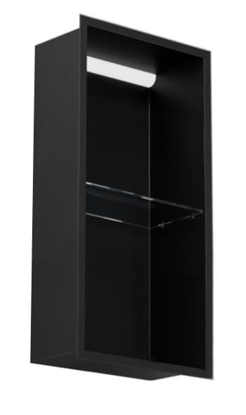 Półka łazienkowa wnękowa do zabudowy 32,5x62,5x15 cm ze stali nierdzewnej lakierowanej proszkowo z oświetleniem LED i szkłem w tylnej części MCJ F.PWNP LBL 600/15LED czarna