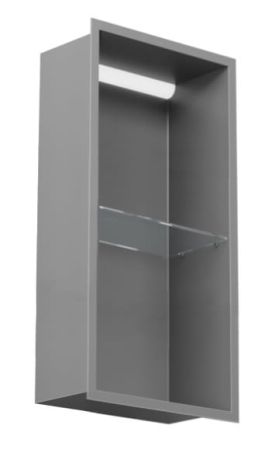 Przejdź do produktu Półka łazienkowa wnękowa do zabudowy 32,5x62,5x15 cm ze stali nierdzewnej lakierowanej proszkowo z oświetleniem LED i szkłem w tylnej części MCJ F.PWNP600/15LEDLA