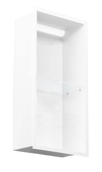 Półka łazienkowa wnękowa do zabudowy 32,5x62,5x15 cm ze stali nierdzewnej lakierowanej proszkowo z oświetleniem LED i szkłem w tylnej części MCJ F.PWNP LWH 600/15LED biała