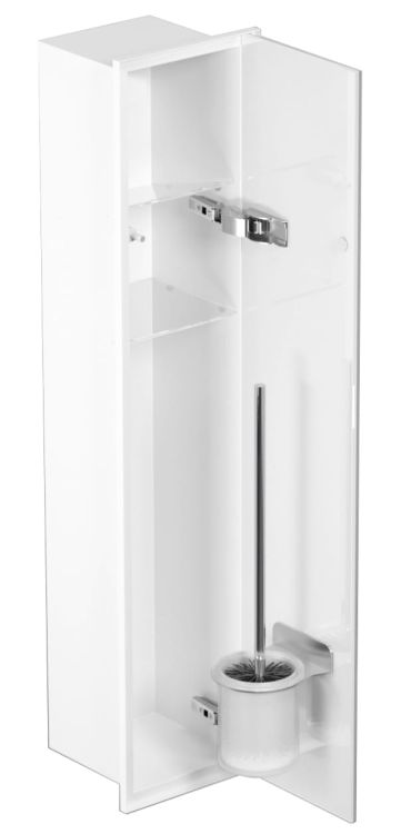 Schowek do szczotki i papieru toaletowego do zabudowy 18x83x16 cm kołnierz typu Zero stal lakierowana w kolorze białym szkło białe MCJ Z.PWAD LWH WC 800