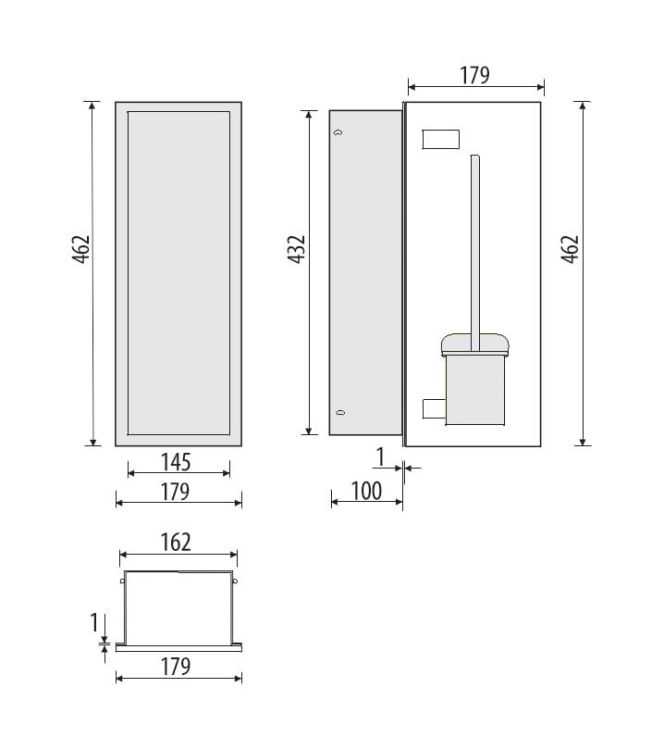 Schowek na szczotkę WC do zabudowy 18x46x10 cm kołnierz typu Flat MCJ stal nierdzewna białe szkło F.PWAD WC 450