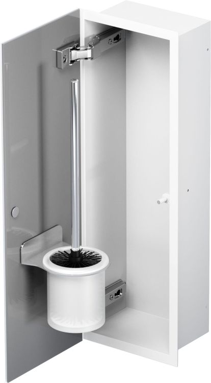 Schowek na szczotkę WC do zabudowy 18x46x10 cm kołnierz typu Flat MCJ stal nierdzewna lakierowana w kolorze białym, drzwi szklane F.PWAD LWH WC 450