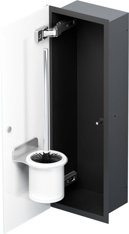 Schowek na szczotkę WC do zabudowy 18x46x10 cm kołnierz typu Flat MCJ stal nierdzewna lakierowana w kolorze czarnym, drzwi szklane F.PWAD LBL WC 450