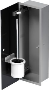 Schowek na szczotkę WC do zabudowy 18x46x10 cm kołnierz typu Flat MCJ stal nierdzewna lakierowana w kolorze szarym, drzwi szklane F.PWAD LGR WC 450