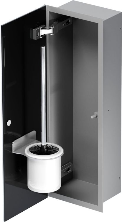 Schowek na szczotkę WC do zabudowy 18x46x10 cm kołnierz typu Flat MCJ stal nierdzewna lakierowana w kolorze szarym, drzwi szklane F.PWAD LGR WC 450