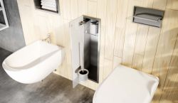 Schowek na szczotkę WC i papier toaletowy, do zabudowy 18x61x13 cm kołnierz typu Bend MCJ stal nierdzewna, szklane drzwi B.PWAD WC 600