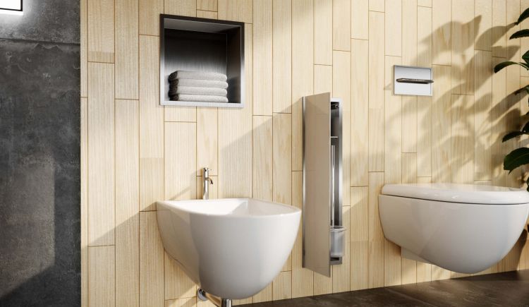 Schowek na szczotkę WC i papier toaletowy, do zabudowy 18x61x13 cm kołnierz typu Bend MCJ stal nierdzewna, szklane drzwi B.PWAD WC 600