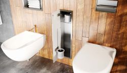 Schowek na szczotkę WC i papier toaletowy, do zabudowy 18x61x13 cm kołnierz typu Bend MCJ stal nierdzewna, szklane drzwi B.PWAD WC 600