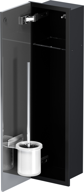 Schowek na szczotkę WC i papier toaletowy, do zabudowy 18x61x13 cm kołnierz typu Bend MCJ stal nierdzewna, malowana na kolor czarny, szklane drzwi B.PWAD LBL WC 600