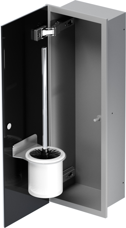 Schowek na szczotkę WC, do zabudowy 18x46x10 cm kołnierz typu Bend MCJ stal nierdzewna, malowana proszkowo na kolor szary, szklane drzwi B.PWAD LGR WC 450