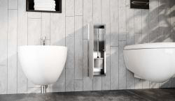 Schowek na szczotkę WC, do zabudowy 18x46x10 cm kołnierz typu Bend MCJ stal nierdzewna, szklane drzwi B.PWAD WC 450