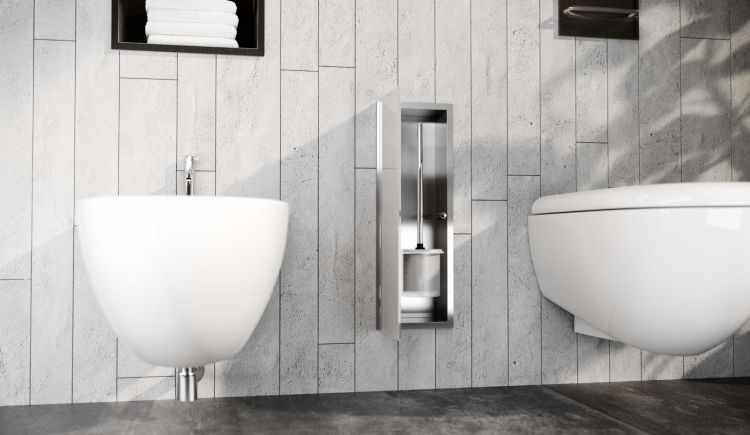 Schowek na szczotkę WC, do zabudowy 18x46x10 cm kołnierz typu Bend MCJ stal nierdzewna, szklane drzwi B.PWAD WC 450