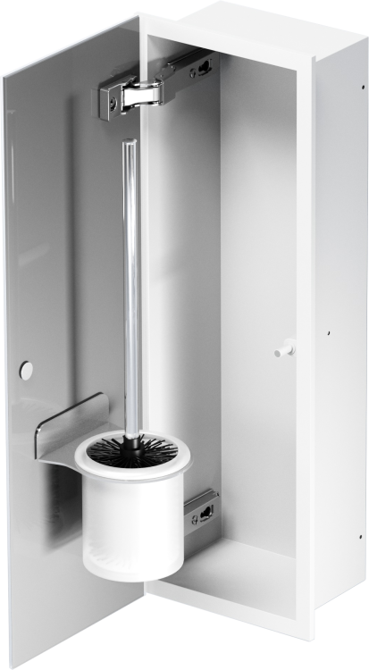 Schowek na szczotkę WC, do zabudowy 18x46x10 cm kołnierz typu Bend MCJ stal nierdzewna, malowana proszkowo na kolor biały, szklane drzwi B.PWAD LWH WC 450