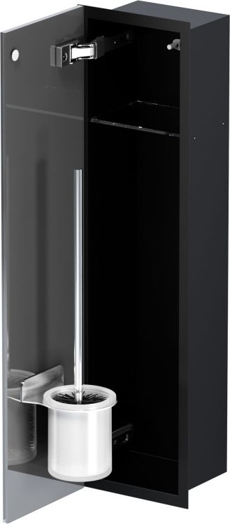 Schowek na szczotkę WC i papier toaletowy, do zabudowy 18x66x13 cm kołnierz typu Flat MCJ stal nierdzewna, malowana proszkowo na kolor czarny, szklane drzwi F.PWAD LBL WC 600