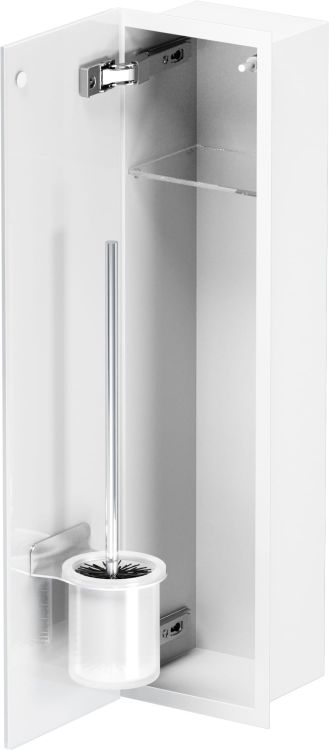 Schowek na szczotkę WC i papier toaletowy, do zabudowy 18x66x13 cm kołnierz typu Flat MCJ stal nierdzewna, malowana proszkowo na kolor biały, szklane drzwi F.PWAD LWH WC 600