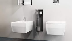 Schowek na szczotkę WC i papier toaletowy, do zabudowy 18x62x12 cm kołnierz typu Zero MCJ stal nierdzewna, szklane drzwiczki Z.PWAD WC 600