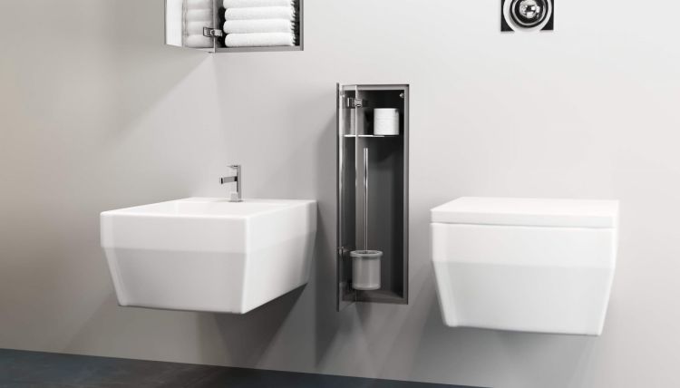 Schowek na szczotkę WC i papier toaletowy, do zabudowy 18x62x12 cm kołnierz typu Zero MCJ stal nierdzewna, szklane drzwiczki Z.PWAD WC 600