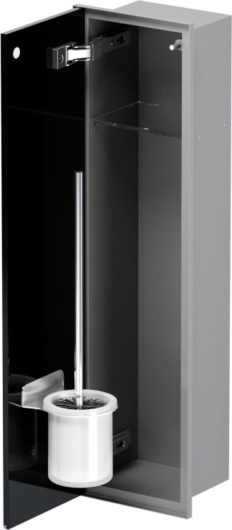 Schowek na szczotkę WC i papier toaletowy, do zabudowy 18x62x12 cm ze stali nierdzewnej, lakierowanej na kolor szary, szklane drzwiczki, kołnierz typu Zero MCJ Z.PWAD LGR WC 600