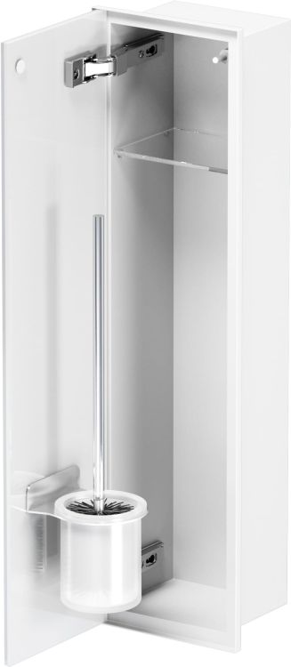 Schowek na szczotkę WC i papier toaletowy, do zabudowy 18x62x12 cm ze stali nierdzewnej, lakierowanej na kolor biały, szklane drzwiczki, kołnierz typu Zero MCJ Z.PWAD LWH WC 600