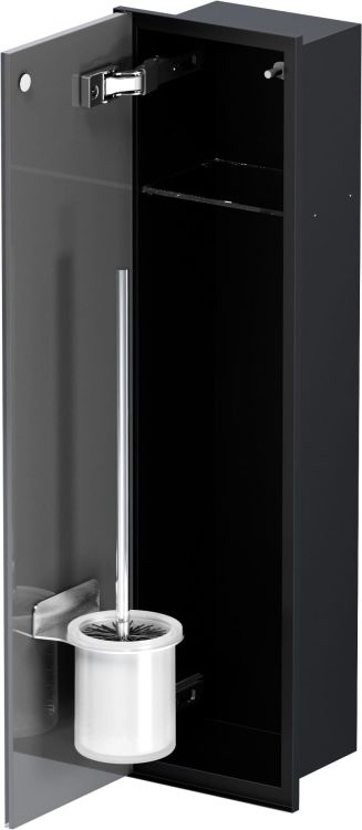 Schowek na szczotkę WC i papier toaletowy, do zabudowy 18x62x12 cm ze stali nierdzewnej, lakierowanej na kolor czarny, szklane drzwiczki, kołnierz typu Zero MCJ Z.PWAD LBL WC 600