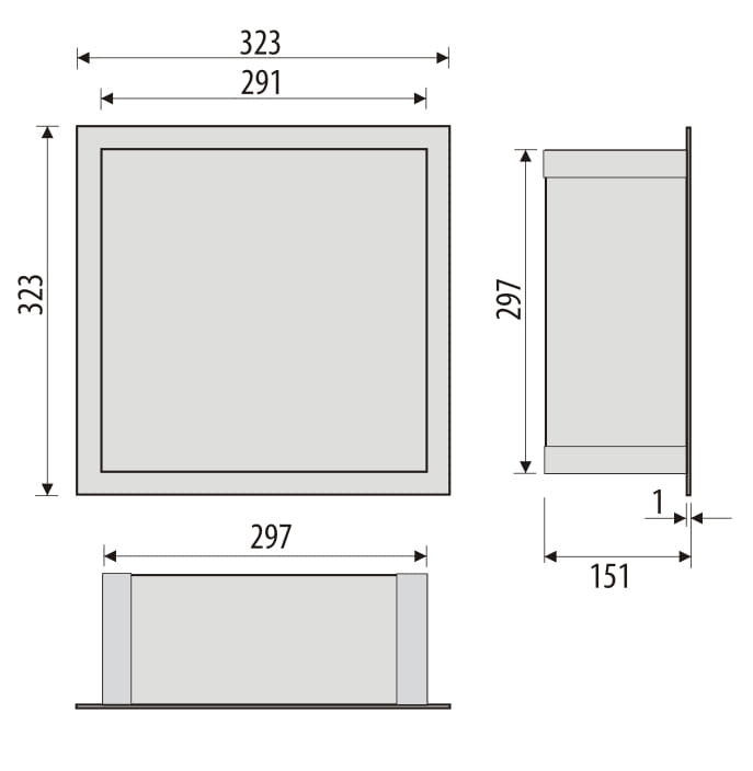 Półka łazienkowa wnękowa do zabudowy 32x32x15 cm ze stali nierdzewnej, lakierowanej na kolor czarny kołnierz typu Flat MCJ F.PWN LBL 300/15