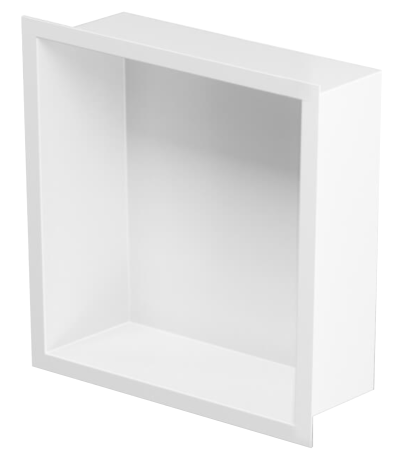 Przejdź do produktu Półka łazienkowa wnękowa do zabudowy 32x32x15 cm ze stali nierdzewnej, lakierowanej na kolor biały, kołnierz typu Flat MCJ F.PWN LWH 300/15