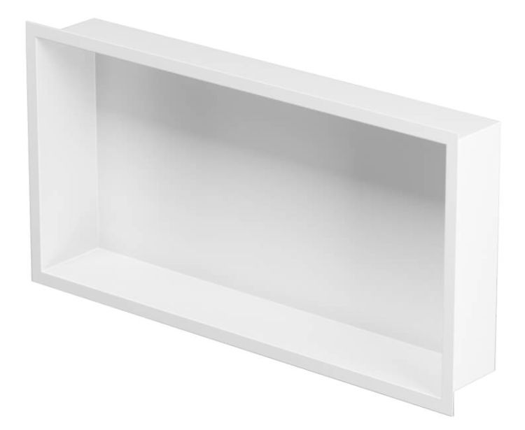 Półka łazienkowa wnękowa do zabudowy 62x32x15 cm ze stali nierdzewnej, lakierowanej na kolor biały, kołnierz typu Flat MCJ F.PWN LWH 600/15