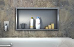 Półka łazienkowa wnękowa do zabudowy 62x32x15 cm ze stali nierdzewnej, kołnierz typu Flat MCJ F.PWN 600/15