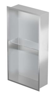 Półka łazienkowa wnękowa do zabudowy 32,5x62,3x15 cm ze stali nierdzewnej ze szklanymi półkami kołnierz typu Flat MCJ F.PWNP 600/15 stal szlifowana