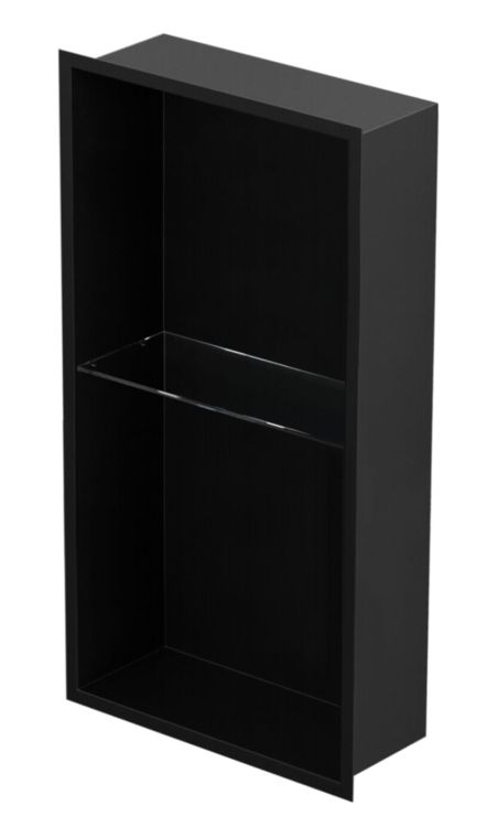 Półka łazienkowa wnękowa do zabudowy 32,5x62,3x15 cm ze stali nierdzewnej, lakierowanej na czarny, ze szklanymi półkami kołnierz typu Flat MCJ F.PWNP LBL 600/15