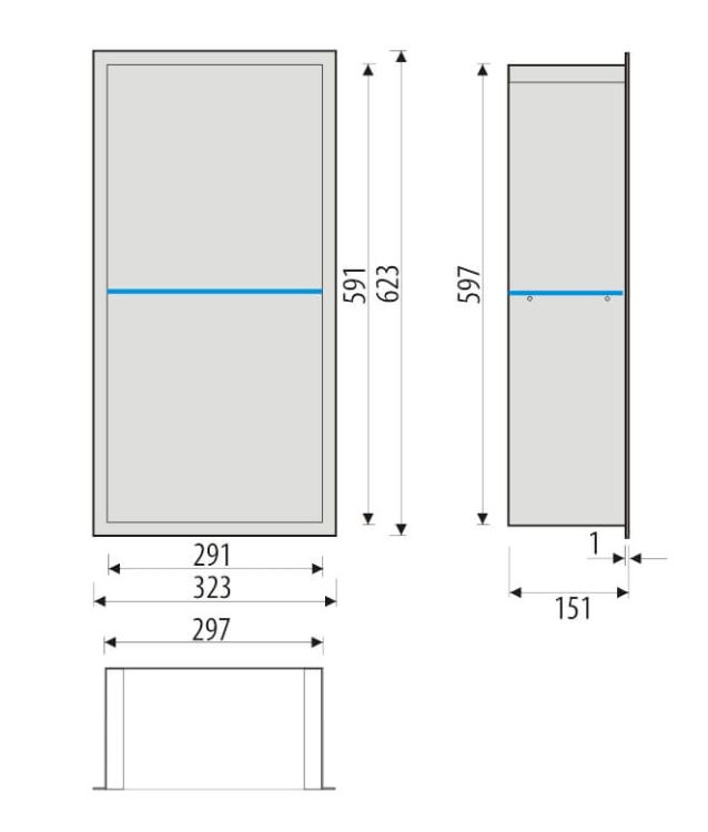 Półka łazienkowa wnękowa do zabudowy 32,5x62,3x15 cm ze stali nierdzewnej ze szklanymi półkami kołnierz typu Flat MCJ F.PWNP 600/15