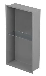Półka łazienkowa wnękowa do zabudowy 32,5x62,3x15 cm ze stali nierdzewnej, lakierowanej na szary, ze szklanymi półkami kołnierz typu Flat MCJ F.PWNP LGR 600/15