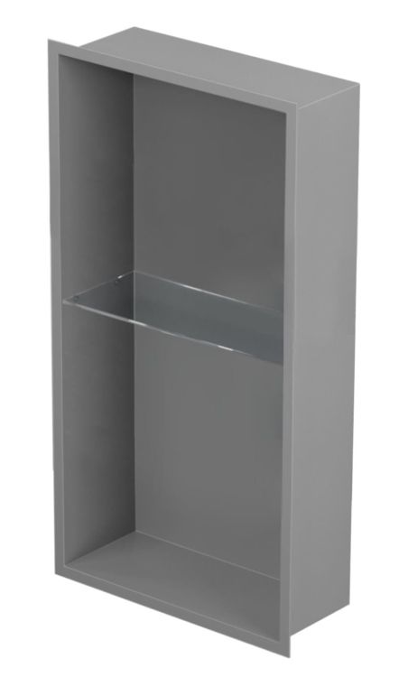 Półka łazienkowa wnękowa do zabudowy 32,5x62,3x15 cm ze stali nierdzewnej, lakierowanej na szary, ze szklanymi półkami kołnierz typu Flat MCJ F.PWNP LGR 600/15