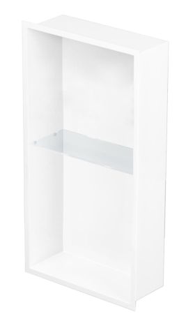 Przejdź do produktu Półka łazienkowa wnękowa do zabudowy 32,5x62,3x15 cm ze stali nierdzewnej, lakierowanej na 3 kolory do wyboru, ze szklanymi półkami kołnierz typu Flat MCJ F.PWNP LWH 600/15