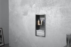 Półka łazienkowa wnękowa do zabudowy 32,5x62,3x10 cm ze stali nierdzewnej ze szklanymi półkami kołnierz typu Flat MCJ F.PWNP 600/10