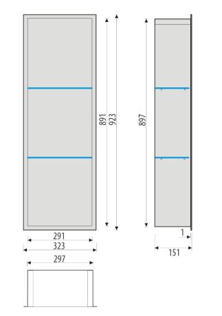 Przejdź do produktu Półka łazienkowa wnękowa do zabudowy 32x92x15 cm ze stali nierdzewnej, lakierowanej na 3 kolory do wyboru, ze szklanymi półkami kołnierz typu Flat MCJ F.PWNP LWH 900/15