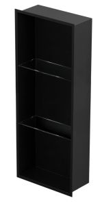 Półka łazienkowa wnękowa do zabudowy 32x92x15 cm ze stali nierdzewnej, lakierowanej na czarno, ze szklanymi półkami kołnierz typu Flat MCJ F.PWNP LBL 900/15