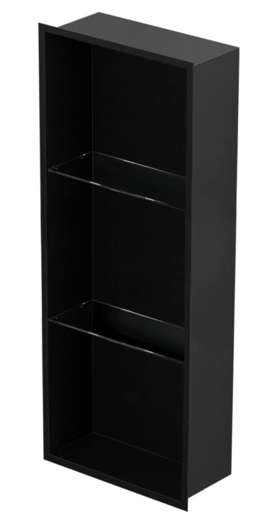 Półka łazienkowa wnękowa do zabudowy 32x92x15 cm ze stali nierdzewnej, lakierowanej na czarno, ze szklanymi półkami kołnierz typu Flat MCJ F.PWNP LBL 900/15