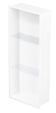 Przejdź do produktu Półka łazienkowa wnękowa do zabudowy 32x92x15 cm ze stali nierdzewnej, lakierowanej na 3 kolory do wyboru, ze szklanymi półkami kołnierz typu Flat MCJ F.PWNP LWH 900/15