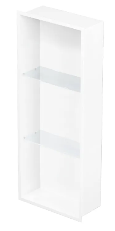 Półka łazienkowa wnękowa do zabudowy 32x92x15 cm ze stali nierdzewnej, lakierowanej na 3 kolory do wyboru, ze szklanymi półkami kołnierz typu Flat MCJ F.PWNP LWH 900/15