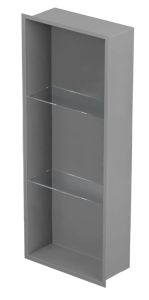 Półka łazienkowa wnękowa do zabudowy 32x92x15 cm ze stali nierdzewnej, lakierowanej na szary kolor, ze szklanymi półkami kołnierz typu Flat MCJ F.PWNP LGR 900/15
