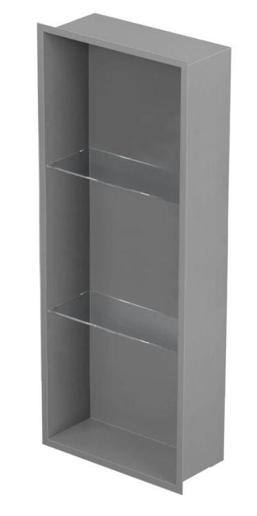 Półka łazienkowa wnękowa do zabudowy 32x92x15 cm ze stali nierdzewnej, lakierowanej na szary kolor, ze szklanymi półkami kołnierz typu Flat MCJ F.PWNP LGR 900/15