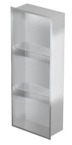 Półka łazienkowa wnękowa do zabudowy 32x92x15 cm ze stali nierdzewnej, szlifowanej, ze szklanymi półkami kołnierz typu Flat MCJ F.PWNP 900/15