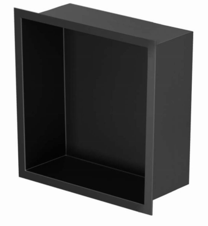 Półka łazienkowa wnękowa do zabudowy 23x32x15 cm ze stali nierdzewnej, lakierowanej na kolor czarny, kołnierz typu Bend MCJ B.PWN LBL 200/15