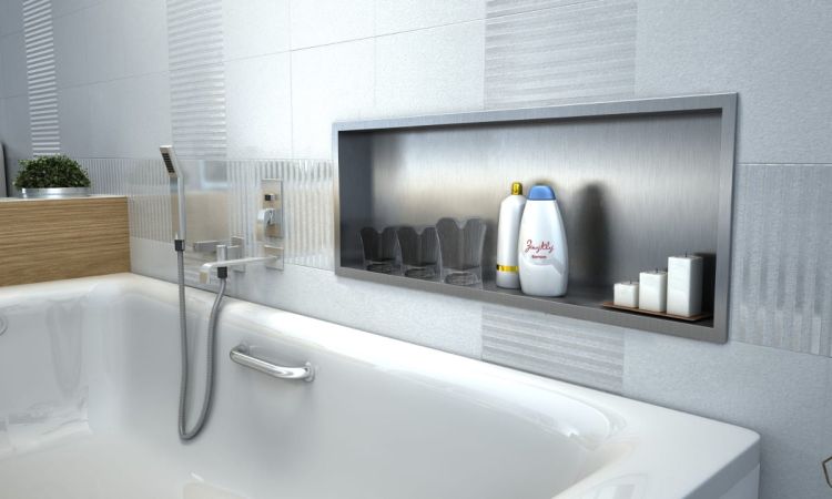 Półka łazienkowa wnękowa do zabudowy 92,5x32,5x15 cm ze stali nierdzewnej kołnierz typu Bend MCJ B. PWN 900/15