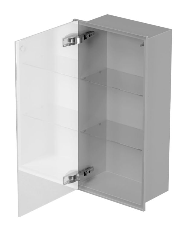 Szafka łazienkowa pod zabudowę 30x60x15 cm MCJ stal nierdzewna, malowana na kolor szary, szkło białe, kołnierz typu Zero Z.PWD LGR 3060/15WH